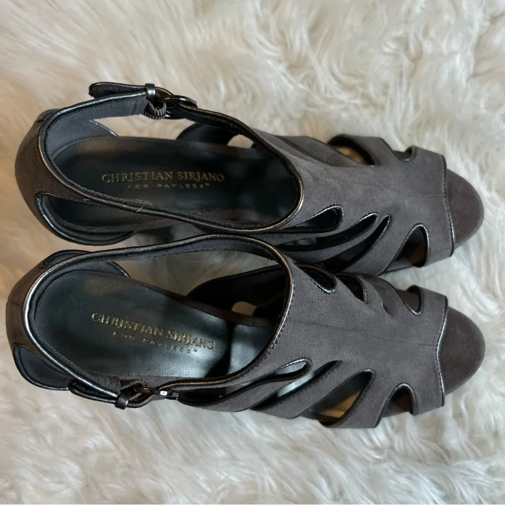 Christian Siriano for Payless High Heel Shoes 10 Open Toe Buckle faux suede gray